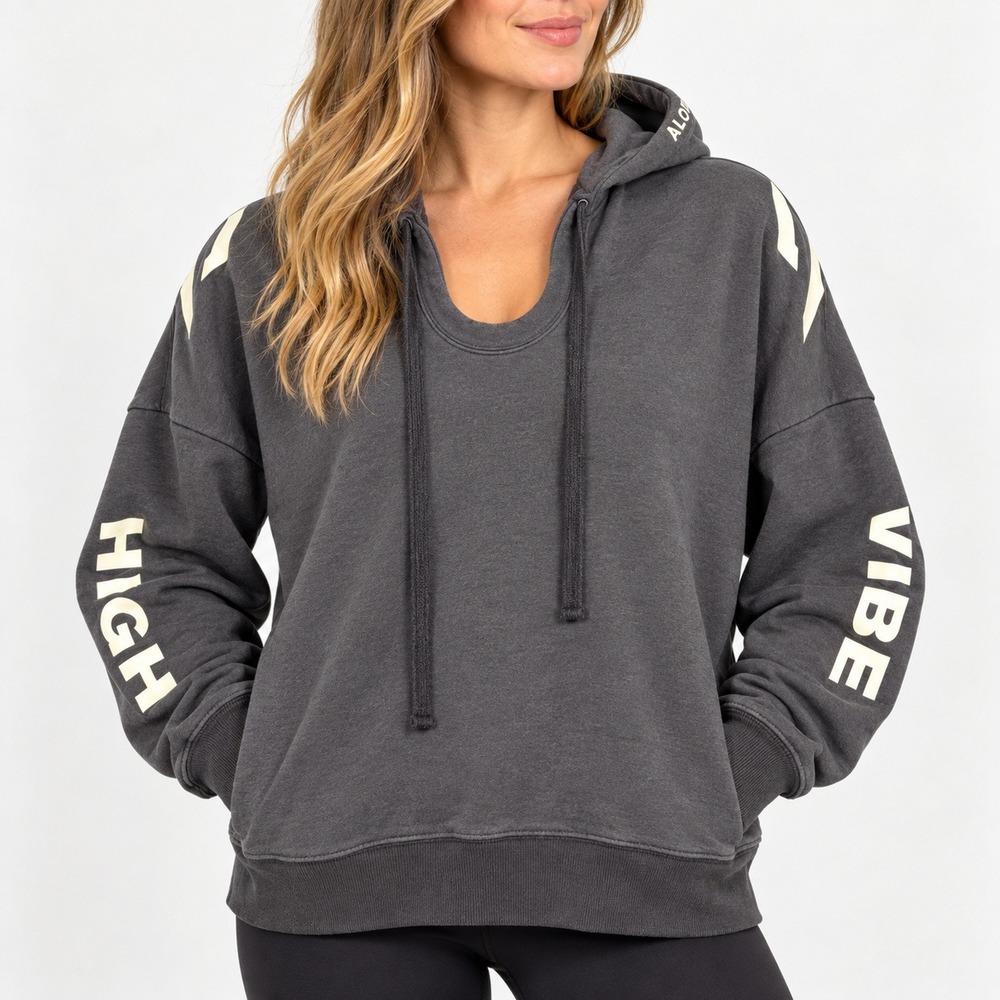 Alo Yoga High Vibe Graphic Hoodie Black Scoop Neck Sweatshirt Womens